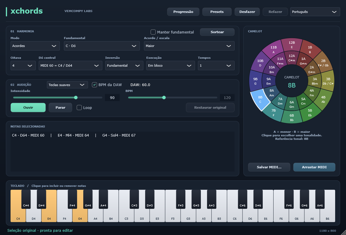 Interface do Xchords com seleção de Dó maior, roda Camelot e teclado com as notas tocadas em âmbar
