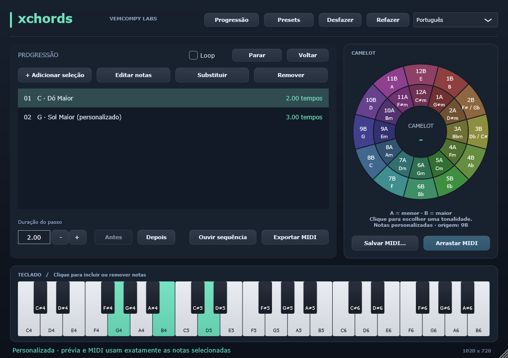 Editor de progressões com Dó maior e Sol maior, durações individuais, loop e exportação MIDI